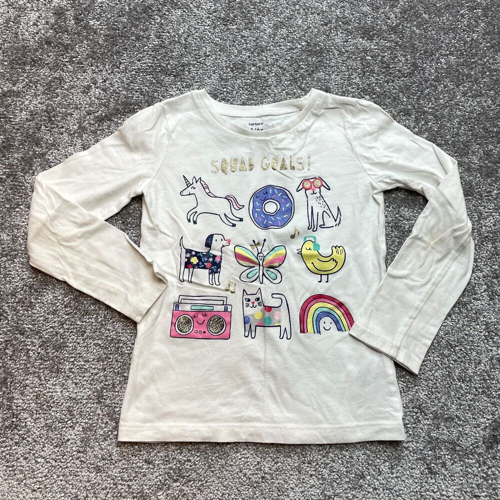 Carter's Shirt Girls 6 / 6X White Long Sleeve Cute Things Unicorn Dog Cat Happy